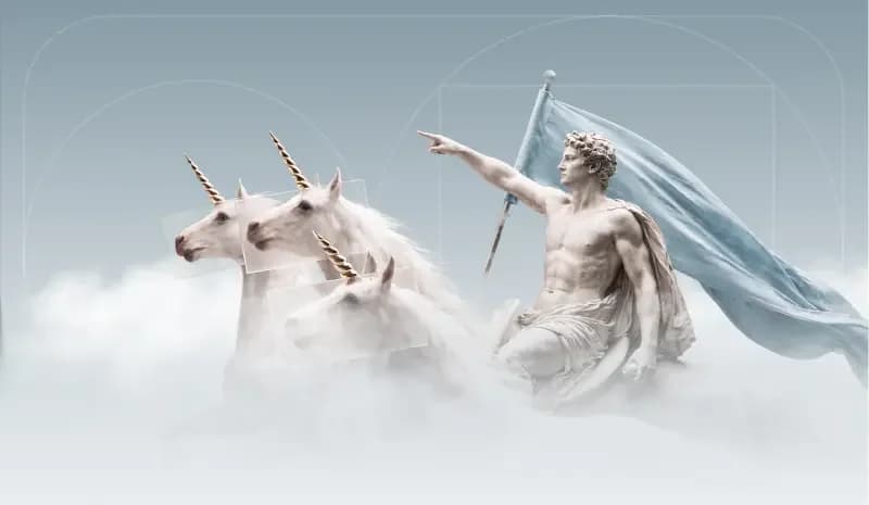 Marmorstatue mit Fahne führt weiße Einhörner durch die Wolken